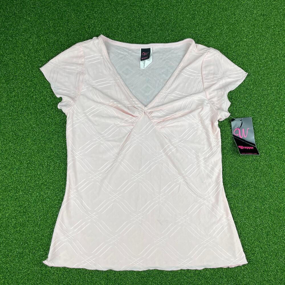 Vintage Y2K NWT Wrapper Light Pink Textured Cinched Neck Line Top Sz L